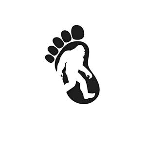 May include: Black and white silhouette of a Bigfoot walking inside a footprint.