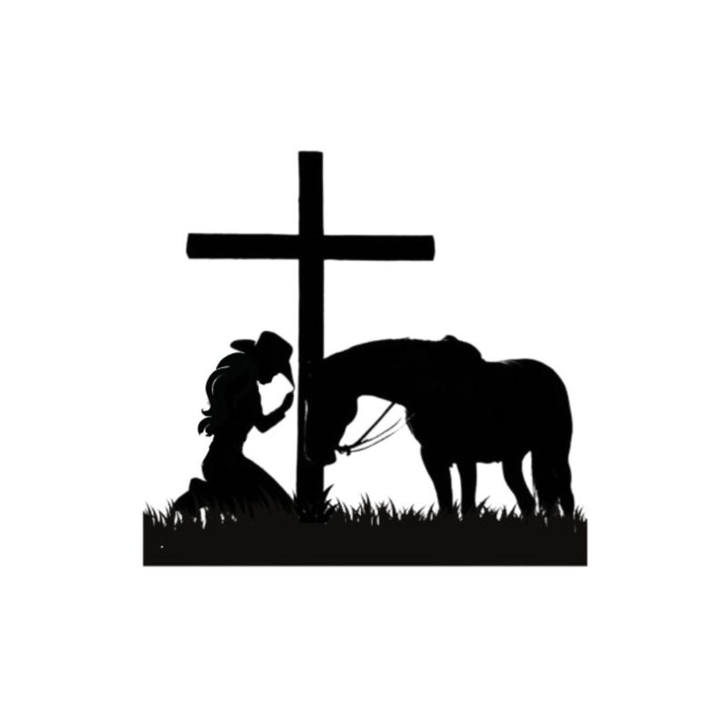 May include: Silhouette of a woman kneeling in prayer with a horse beside her, both facing a wooden cross.