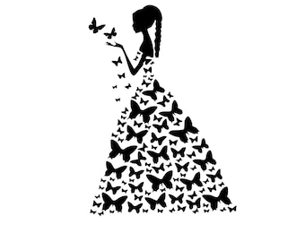 Vrouw in vlinderjurk svg, schoonheid svg, mode svg, Quinceanera svg, prom svg, formele svg, dans vectorbestand in SVG en png
