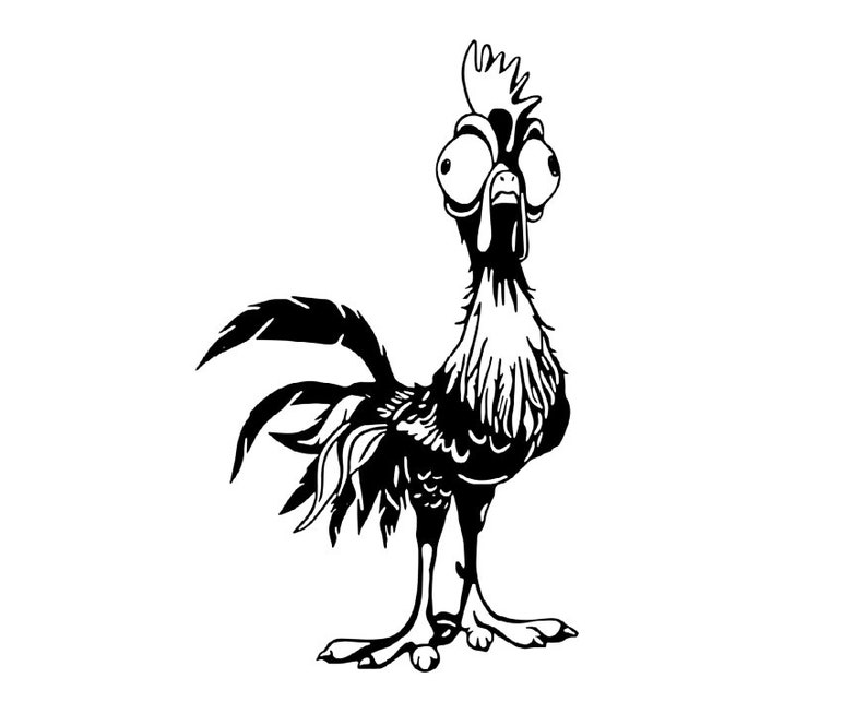 May include: Black and white illustration of a rooster with large eyes and a surprised expression. The rooster has a large comb and wattle, and its feathers are detailed.