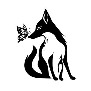 Renard svg, svg renard mignon, renard avec papillon svg, papillon avec renard svg, svg papillon, svg animaux de la forêt, renard avec un papillon SVG PNG DXF