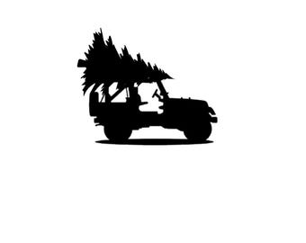 Puede incluir: Una silueta negra de un jeep con un árbol de Navidad atado al techo.