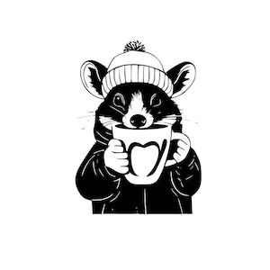 Gambá svg, gambá tomando café svg, gambá svg, gambá engraçado com caneca svg, café svg, cozinha svg, vetor de gambá em SVG e PNG