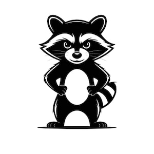 May include: A black and white cartoon raccoon illustration. The raccoon has a stern expression, standing with its hands on its hips. The raccoon's tail is striped, and it has a white oval on its belly. The image is on a white background.