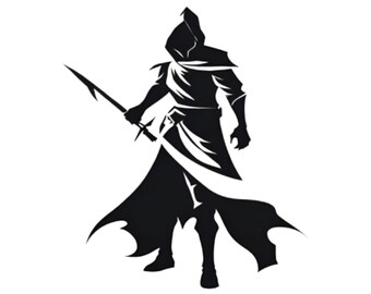 May include: Black and white silhouette of a hooded figure holding a sword. The figure is standing with their legs spread apart and their arms outstretched. The sword is held in their right hand and is pointed towards the ground.