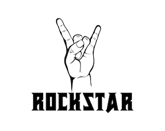 May include: Black and white illustration of a hand making the rock and roll hand gesture. The text "ROCKSTAR" is below the hand.