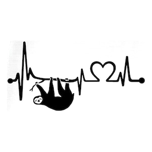 May include: Black and white silhouette of a sloth hanging from a branch with a heart beat line and a heart symbol. The design is a graphic representation of a sloth's heartbeat.