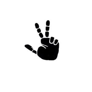 May include: A black silhouette of a hand making the peace sign with three fingers extended.