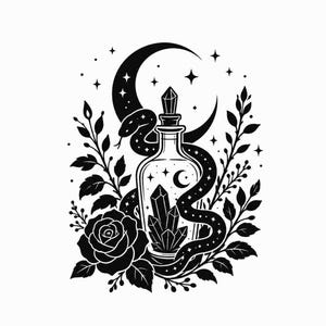 May include: Black and white illustration featuring a potion bottle with crystals inside, a snake wrapped around it, and a crescent moon and stars in the background. A rose and foliage frame the bottle, creating a mystical aesthetic.