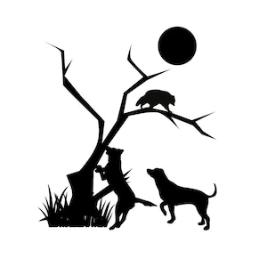 Mapache cazando svg, perros de caza svg, perro treeing svg, mapache caza svg, caza svg, treeing svg, perros treeing SVG y PNG