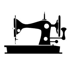 May include: A solid black silhouette of a vintage sewing machine shown from a side profile view. The design features a needle bar, a handwheel on the right side, a spool pin on top, and a flat base, all rendered in a flat, high-contrast graphic style.