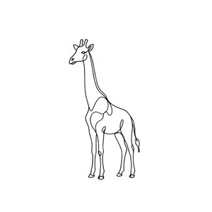 May include: A minimalist black line drawing of a giraffe on a white background. The giraffe is rendered in a continuous line, highlighting its long neck, body, and legs. The artwork is simple and elegant.