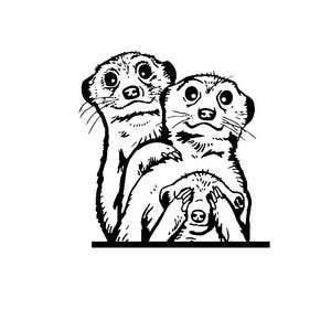 May include: A black and white graphic illustration of three meerkats. Two meerkats stand upright, with one placing a paw on the other's shoulder. A third smaller meerkat is positioned below them, using its paws to cover its own eyes.