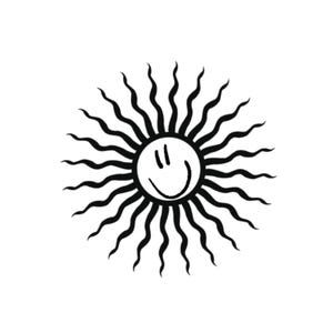 May include: A black and white graphic of a smiling sun. The sun has a round face with a curved smile and two vertical lines for eyes. Wavy lines radiate outwards from the sun's face, creating a sunburst effect.