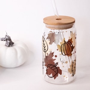 Fall Glass Tumbler With Bamboo Lid and Straw, Autumn 16oz Mug, Autumn Leaves Coffee Cup, Fall Kitchen Decor, Autumn Gifts, Gold Leaves Mug