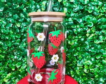 Strawberry Fruit Can Glass, Fruits Can Glass, 16oz Can Glass, Bamboo Lid Glass, Glass Straw, Libbey Glass, Pimms glass, Bestie gift