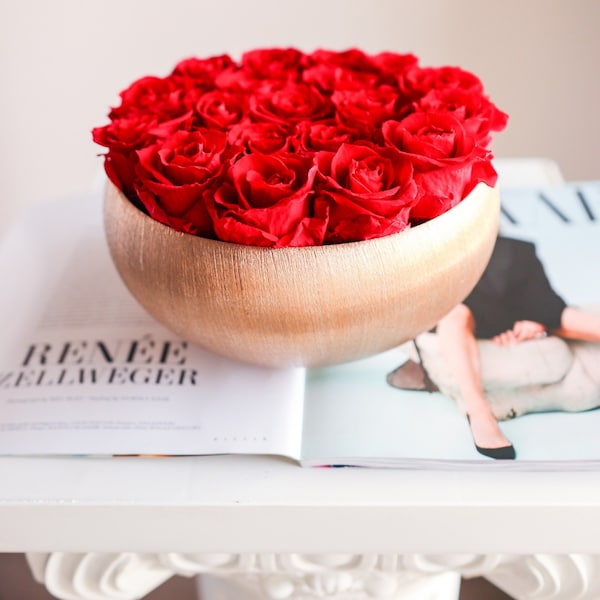 Eternity Roses in Golden Globe Centerpiece | Luxury Preserved Roses Round Arrangement | Coffee Table Decor | Red Roses in a Golden Vase