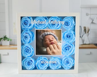 New Baby Shadow Box Photo Frame, Preserved Real Roses Custom White Photo Frame, Wooden White Frame Gift Box, New Baby Birthday Gift
