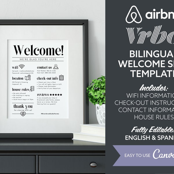 Bilingual Airbnb VRBO Welcome Sign Template | English & Spanish | AirBnB Rental Check Out Instruction Sign | House Rules | WIFI sign