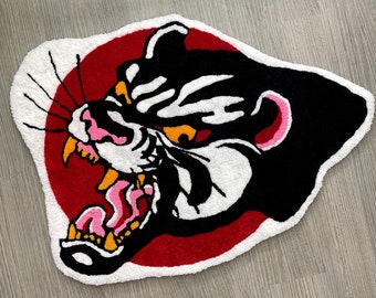 Traditional Panther Head Tufted Rug | Tattoo Designed | Handmade Carpet