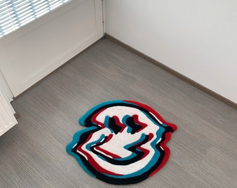 Custom Trippy Smiley Tufted Rug in Glitchy 3D