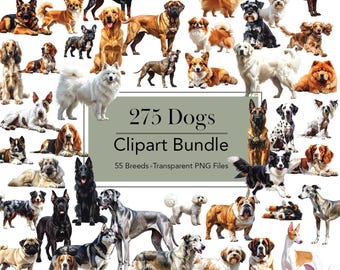May include: A collection of 275 dog clipart images featuring 55 breeds in transparent PNG files. The image showcases a variety of dog breeds in different poses and colors, perfect for digital art projects.