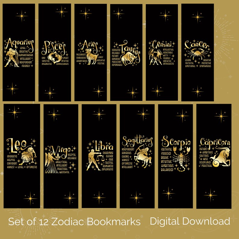 PRINTABLE Bookmarks, Zodiac, Astrology Bookmarks, PDF, Books, Digital Creations, Bookmark Set