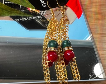 Red Earrings Green Earrings Glass Bead Earrings Gold Chain Earrings Dangle Earrings Name Brand Inspired Earrings