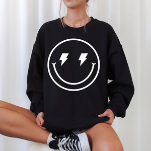 Smiley Face Sweatshirt, White Smiley Face, Lightning Bolt Smiley Face Sweatshirt, Punk Style Sweatshirt, Smiley Face Sweatshirts
