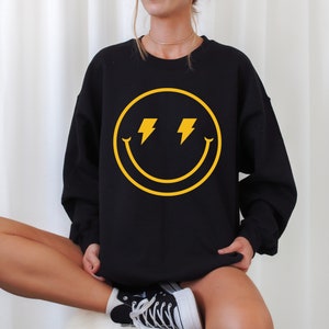 Smiley Face Sweatshirt, Yellow Smiley Face, Lightning Bolt Smiley Face Sweatshirt, Punk Style Sweatshirts, Happiness Sweatshirts, Positivity