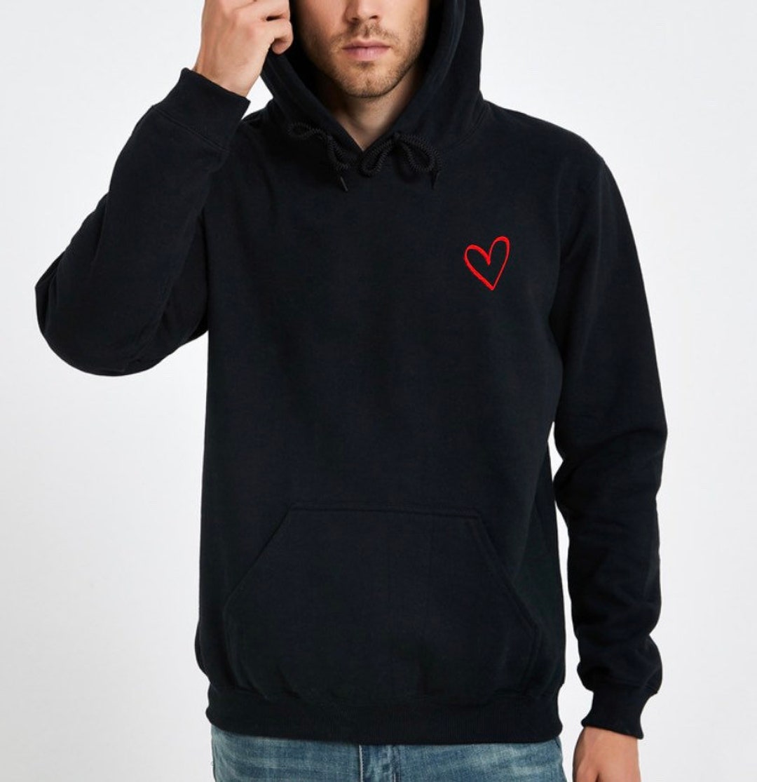 Heart Hoodie, Red Heart Outline Pocket Logo Hoodie, Heart Sweatshirt