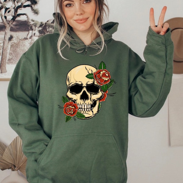 Skulls and Red Flowers Hoodie