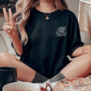 White Rose Outline Unisex T Shirt, Simple Rose TShirt, Cute Pocket Logo Rose Shirt, Small Floral Rose T Shirts, Valentine’s Day T Shirt