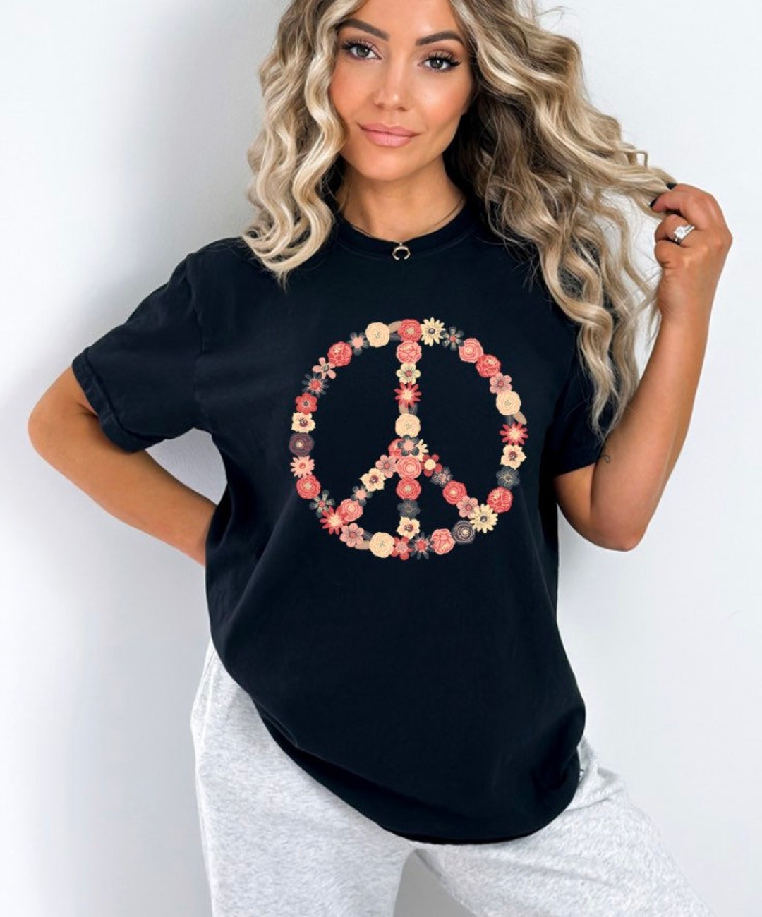 Spring Floral Peace Sign Graphic T Shirt, Minimalist Style Flower - Main Image