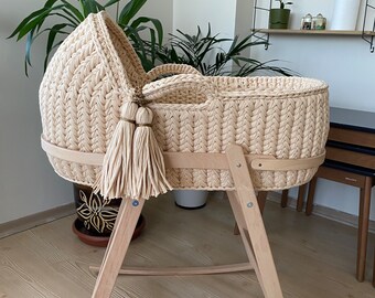 Baby Diaper Changing Cradle with Wooden Stand and Combed Yarn Basket, Optional Baby Diaper Storage Box, Baby Gift, Padded Basket