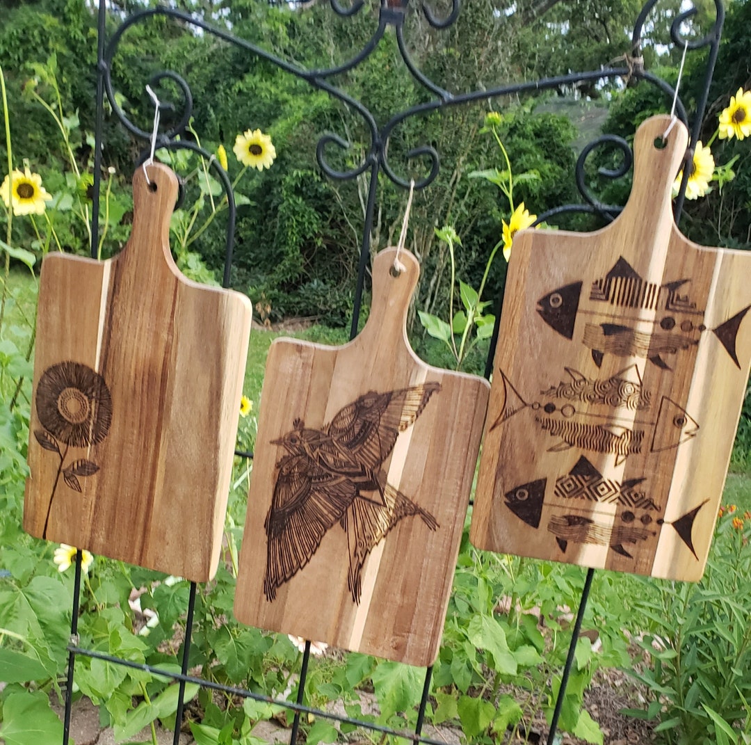 Acacia Cutting Boards Pyrography Woodburning Art Flower, Hawk, Fish