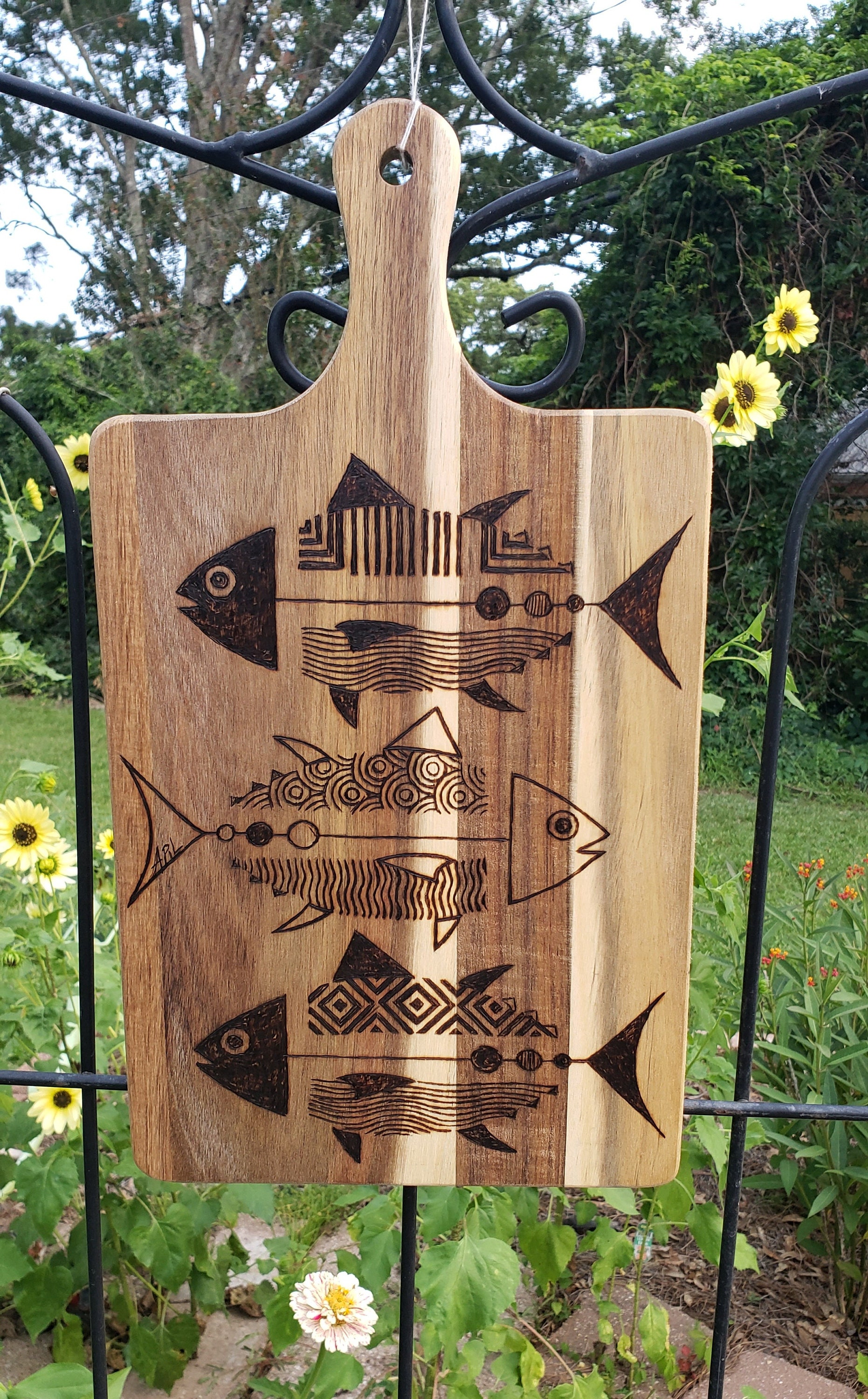 Acacia Cutting Boards Pyrography Woodburning Art Flower, Hawk, Fish