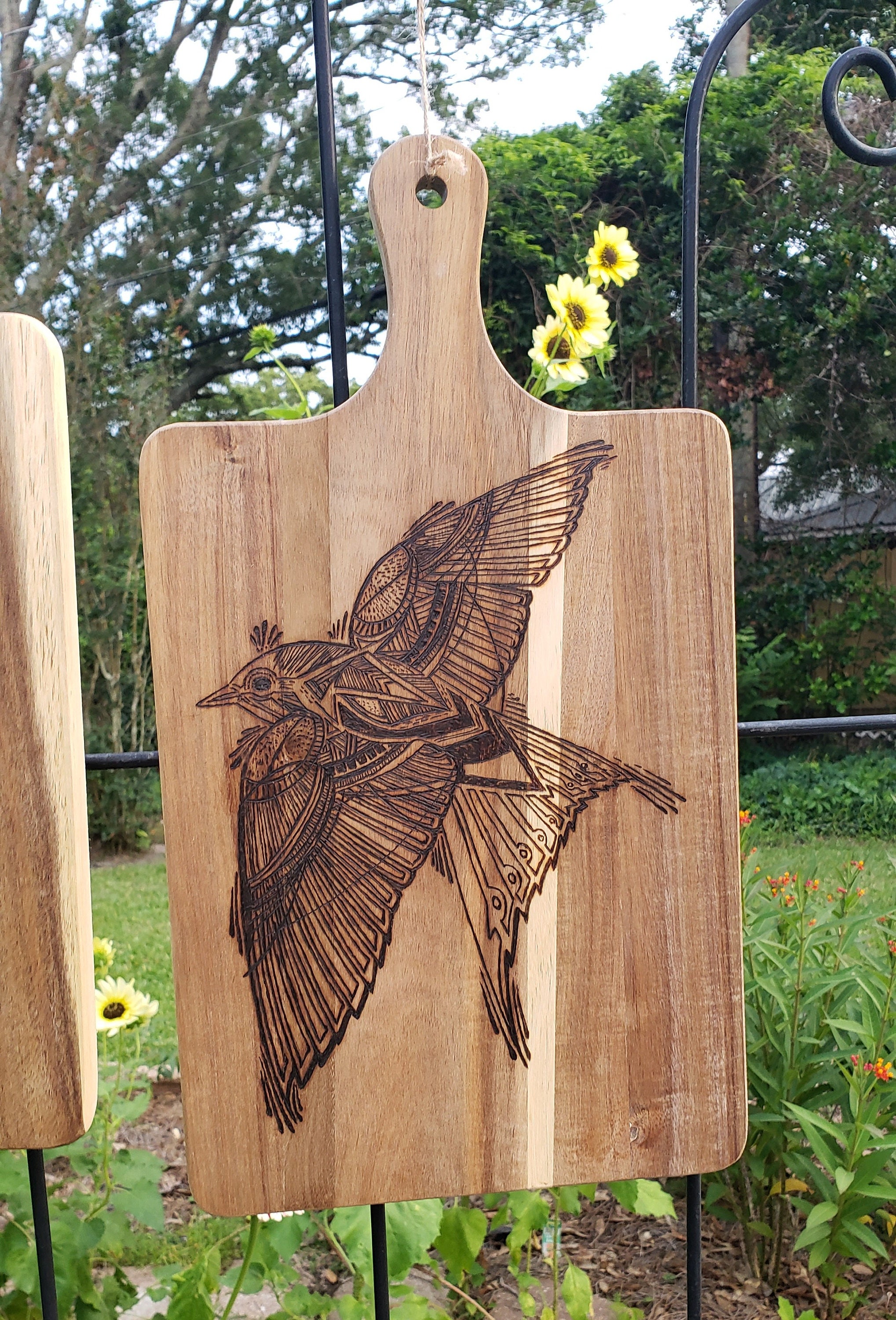 Acacia Cutting Boards Pyrography Woodburning Art Flower, Hawk, Fish