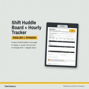 Stündlicher Produktionstracker, Schichtbesprechungstafel, Englisch Spanisch, Teambesprechungsvorlage, druckbare Word-Datei
