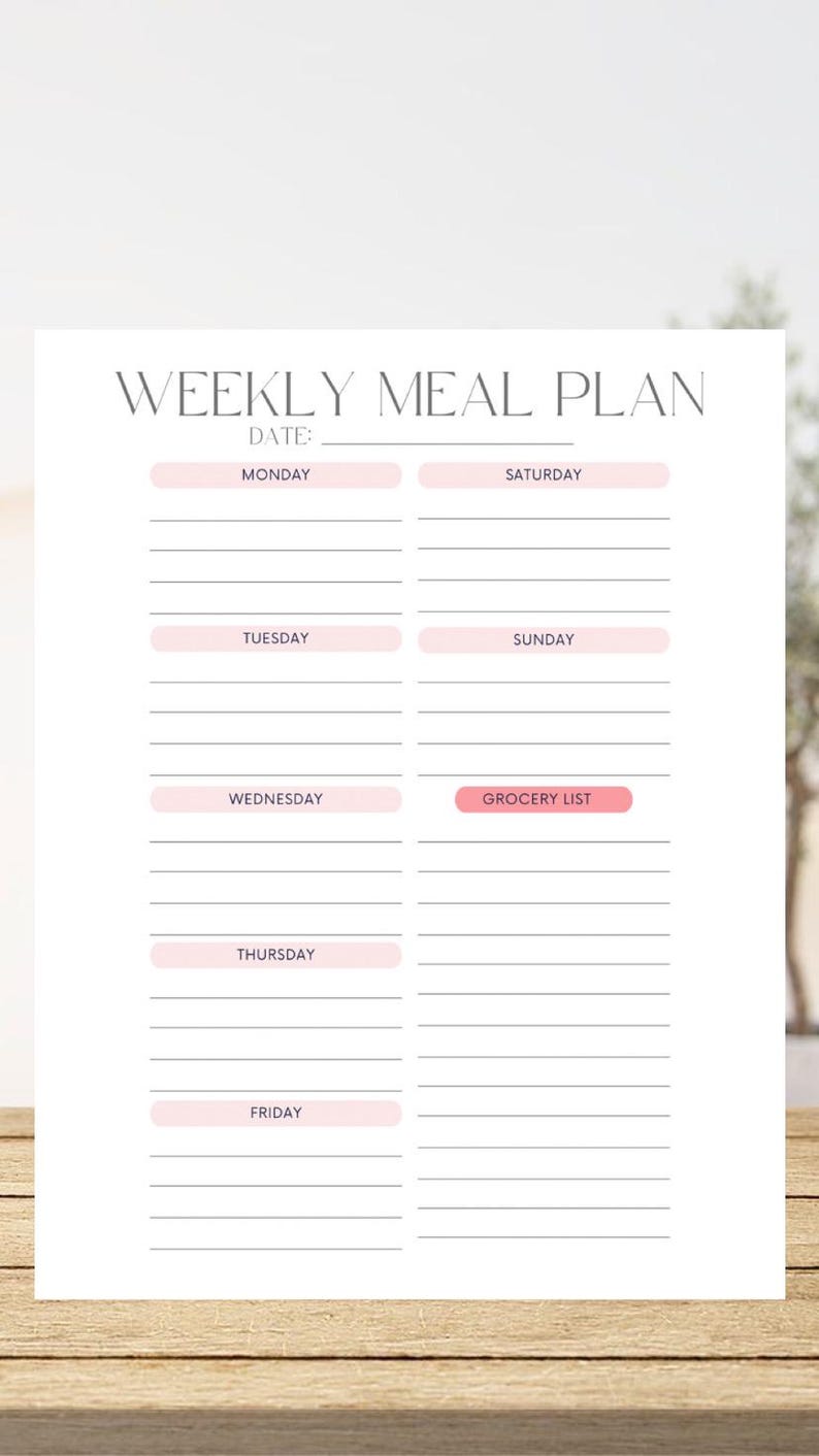 Pink Printable Weekly Meal Plan, Meal Log, and Meal Prep. Digital