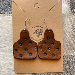 Turquoise CowTags Leather Earrings
