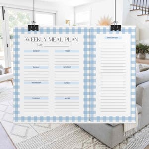 May include: A printable weekly meal planner with a blue and white gingham border. The planner includes sections for Monday through Sunday, a grocery list, and notes.