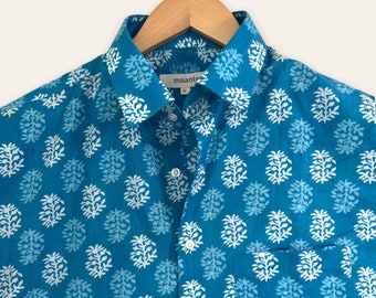 Men's Blue Printed Button Down – Elevate Your Style with Pure Cotton Bliss!