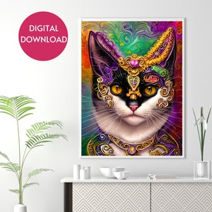 Mardi Gras Kitten Printable Wall Art, Digital Download