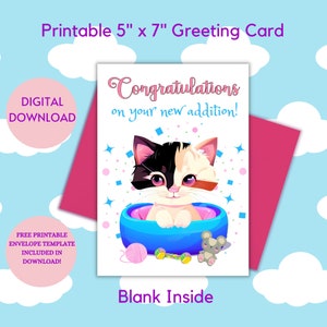 ¡Felicidades por su nueva adición! Tarjeta imprimible de 5"x7" para gato nuevo, interior en blanco, plantilla de sobre imprimible gratis, descarga digital