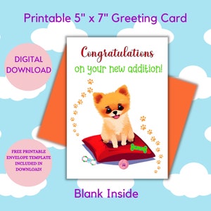 ¡Felicidades por su nueva adición! Tarjeta imprimible de 5"x7" para nuevo cachorro, interior en blanco, plantilla de sobre imprimible gratis, descarga digital