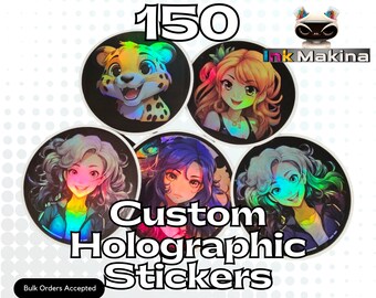 150 Custom Holographic Vinyl Stickers  - Perfect for Laptops, Journals, Phones, business, packaging, decorations, and more!