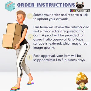 May include: Order instructions for a custom artwork service. The steps include submitting an order, receiving a link to upload artwork, and receiving a proof for approval. The artwork will be shipped within 1 to 3 business days.