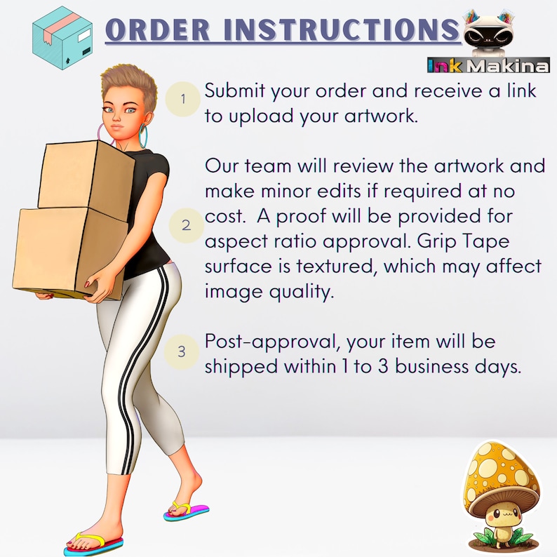 May include: Order instructions for a custom artwork service. The steps include submitting an order, receiving a link to upload artwork, and receiving a proof for approval. The artwork will be shipped within 1 to 3 business days.