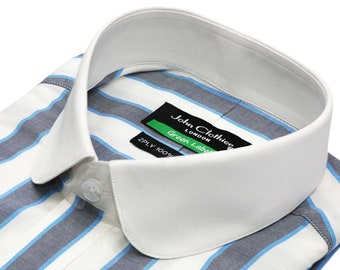 Mens Peaky Blinders Round Penny  Club Collar Grey Stripes Dress Shirt 100% cotton 900-07